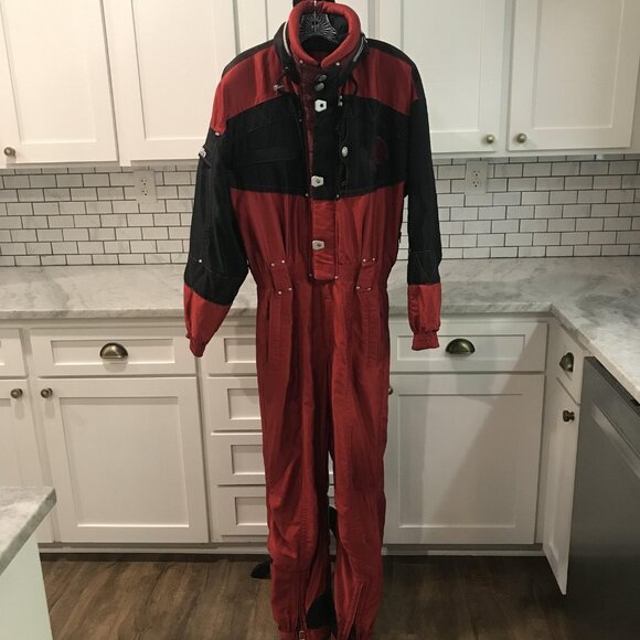 Vintage Kaelin Ski Suit Mens Medium Red Black One Piece Hooded Entrant GII 90s